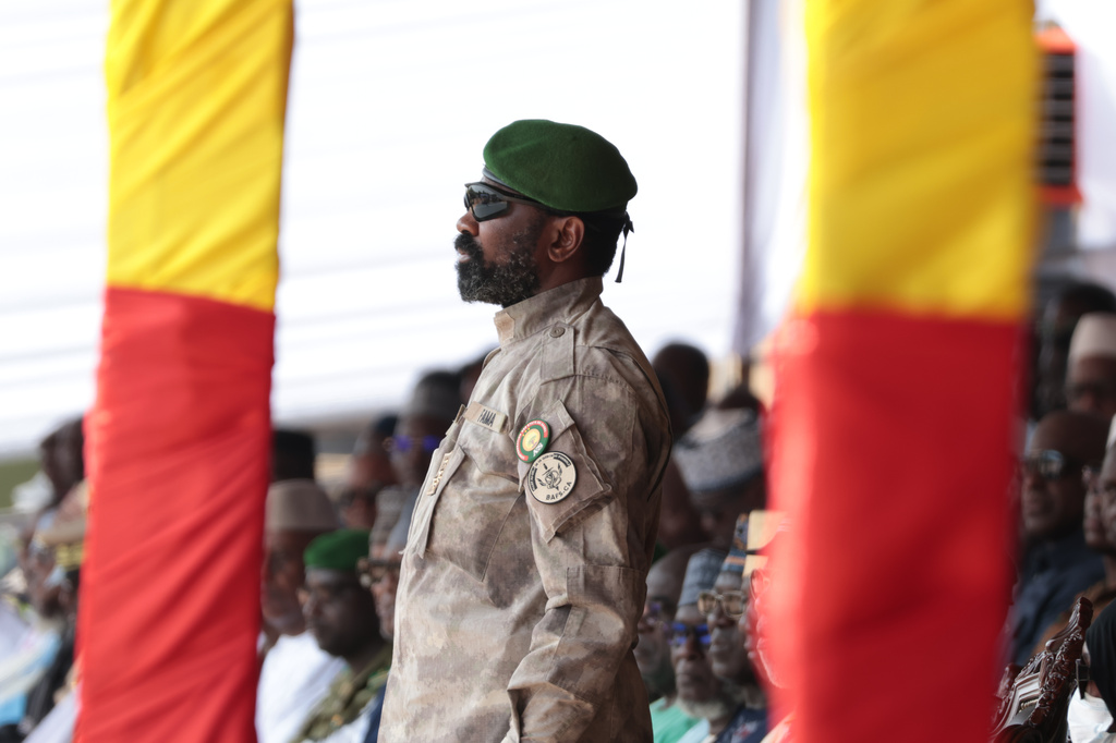 FILE - Mali's junta leader Gen. Assimi Goita attends the funeral of former defense minister Sadio Camara at the Military Engineering Parade Ground in Bamako, Mali, Thursday, April 30, 2026. (AP Photo/Boubacary Bocoum, file)