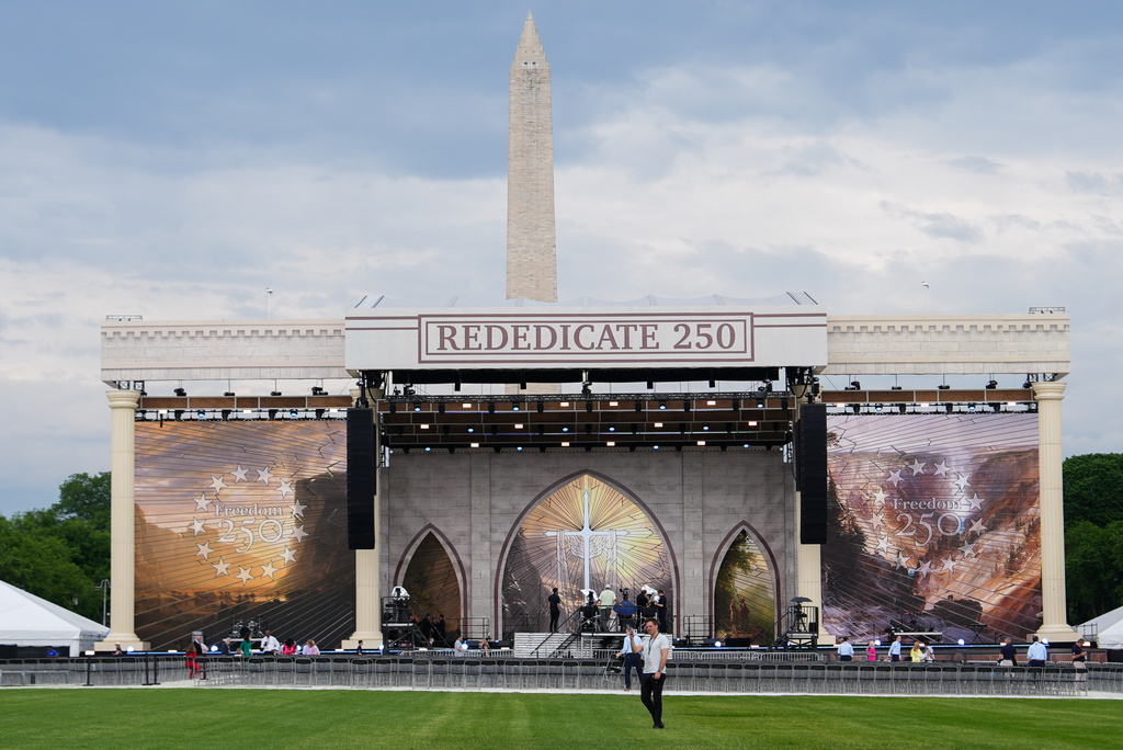 The stage is seen ahead of Rededicate 250, a mostly conservative Christian prayer gathering in honor of the United States' 250th anniversary, on the National Mall, Sunday, May 17, 2026, in Washington. (AP Photo/Julia Demaree Nikhinson)