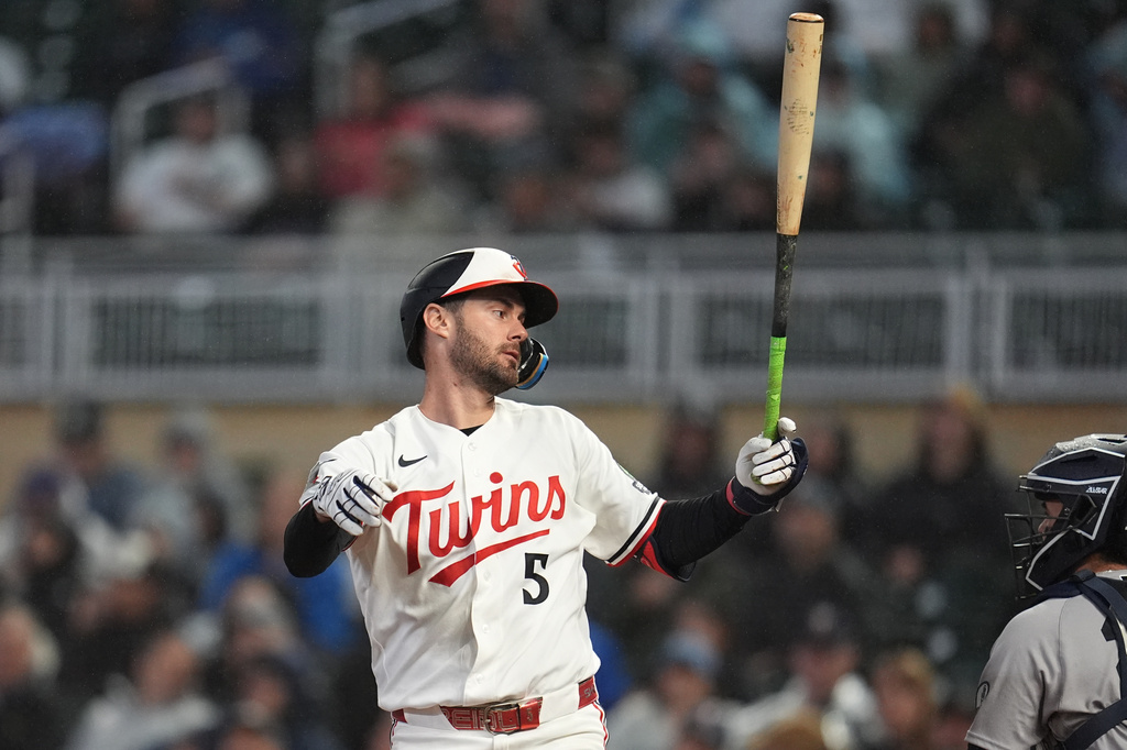Minnesota Twins' Ryan Kreidler (5) reacts after striking out during the seventh inning of a baseball game against the New York Yankees, Monday, Sept. 14, 2026, in Minneapolis. (AP Photo/Abbie Parr)