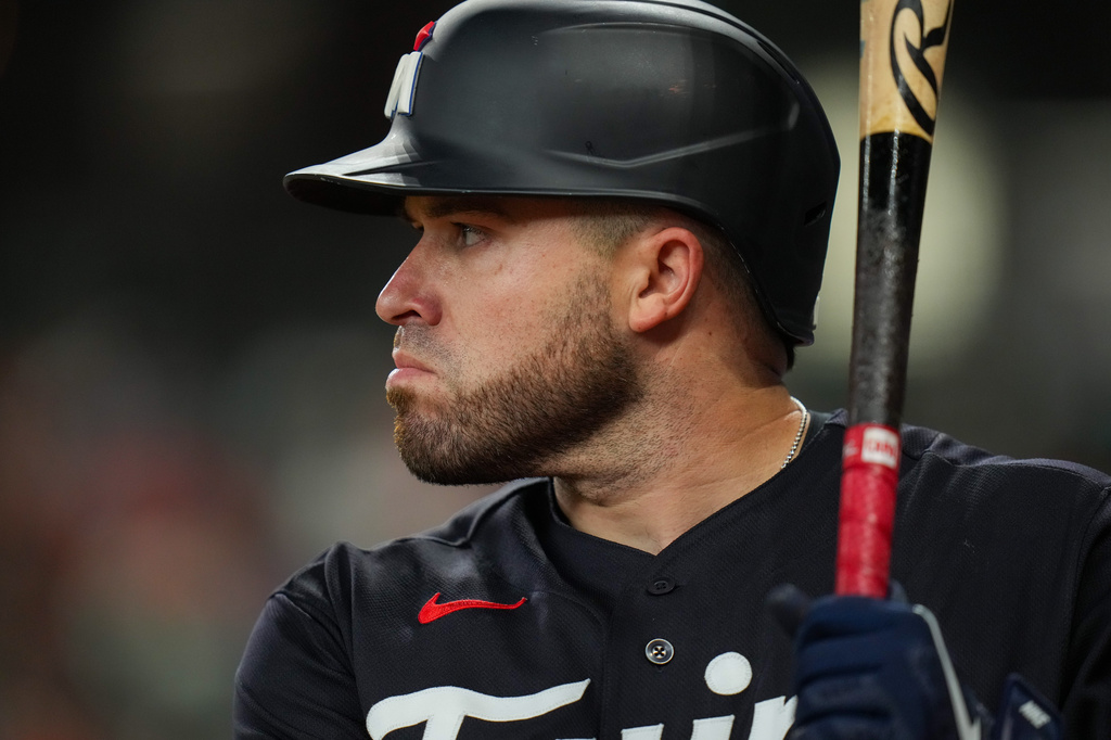 Minnesota Twins' Victor Caratini waits on-deck during the second inning of a baseball game against the Houston Astros in Houston, Monday, June 29, 2026. (AP Photo/Jon Shapley)