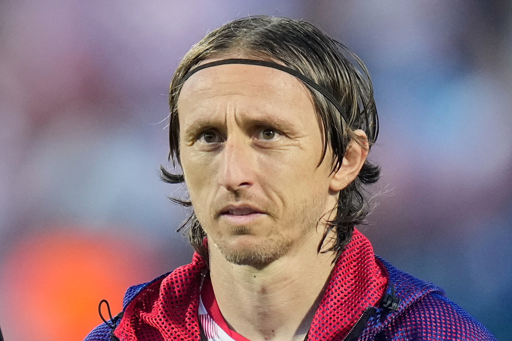 FILE - Croatia's Luka Modric lines up before the international friendly soccer match between Croatia and Slovenia in Varazdin, Croatia, June 7, 2026, (AP Photo/Darko Bandic, File)