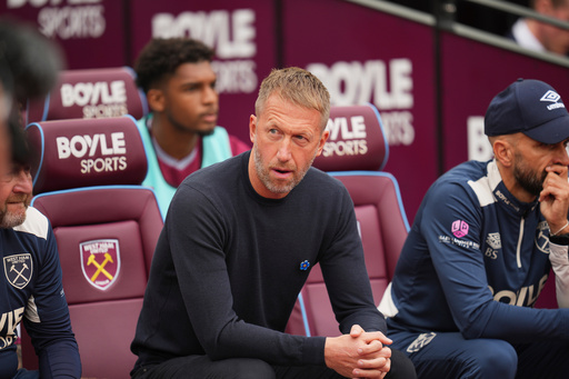 FILE - West Ham's head coach Graham Potter sits on the bench prior to the English Premier League soccer match between West Ham United and Crystal Palace at the London Stadium in London, Saturday, Sept. 20, 2025. (AP Photo/Kin Cheung, file) FILE - West Ham's head coach Graham Potter sits on the bench prior to the English Premier League soccer match between West Ham United and Crystal Palace at the London Stadium in London, Saturday, Sept. 20, 2025. (AP Photo/Kin Cheung, file)