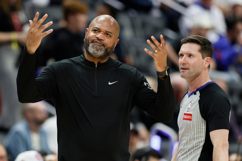 Detroit Pistons head coach J.B. Bickerstaff walks away after arguing with referee Ben Taylor (46) during the second half in Game 1 of a second-round NBA playoffs basketball series against the Cleveland Cavaliers Tuesday, May 5, 2026, in Detroit. (AP Photo/Duane Burleson)