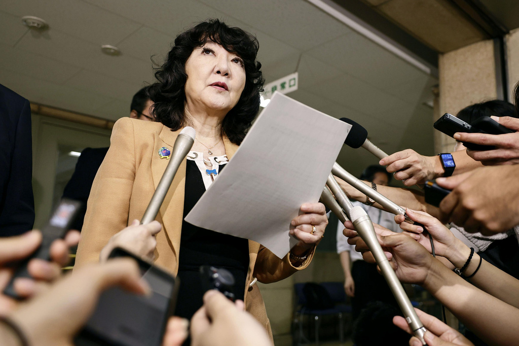 Japan's Finance Minister Satsuki Katayama speaks to reporters at the Finance Ministry in Tokyo Monday, Aug. 3, 2026. (Juntaro Yokoyama/Kyodo News via AP)
