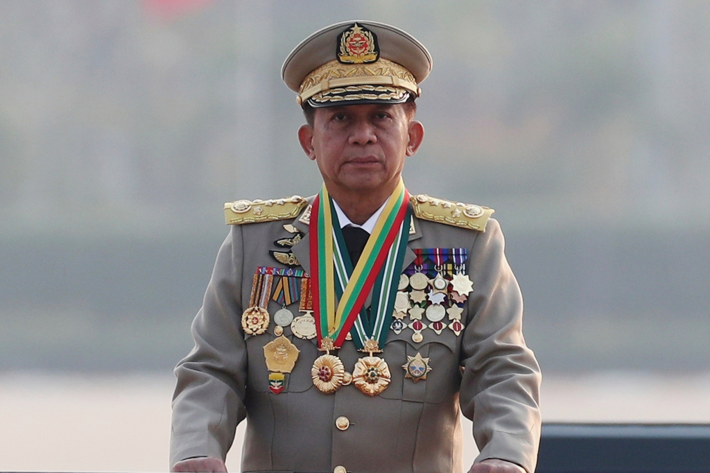 FILE - Senior Gen. Min Aung Hlaing, head of Myanmar's military council, inspects officers during a parade to commemorate Myanmar's 78th Armed Forces Day in Naypyitaw, Myanmar, March 27, 2023. (AP Photo/Aung Shine Oo, File)