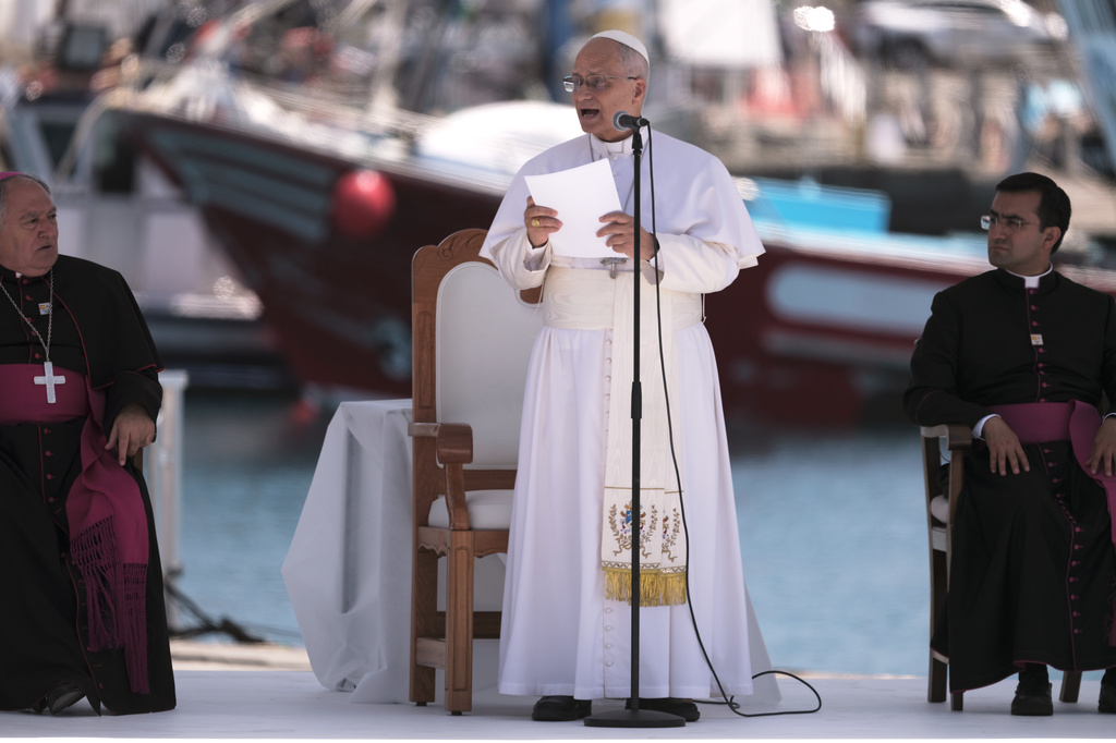 Pope Leo XIV attends a meeting with organizations working with migrants in Arguineguin in Las Palmas de Gran Canaria, Spain, Thursday, June 11, 2026.(AP Photo/Arturo Rodriguez)