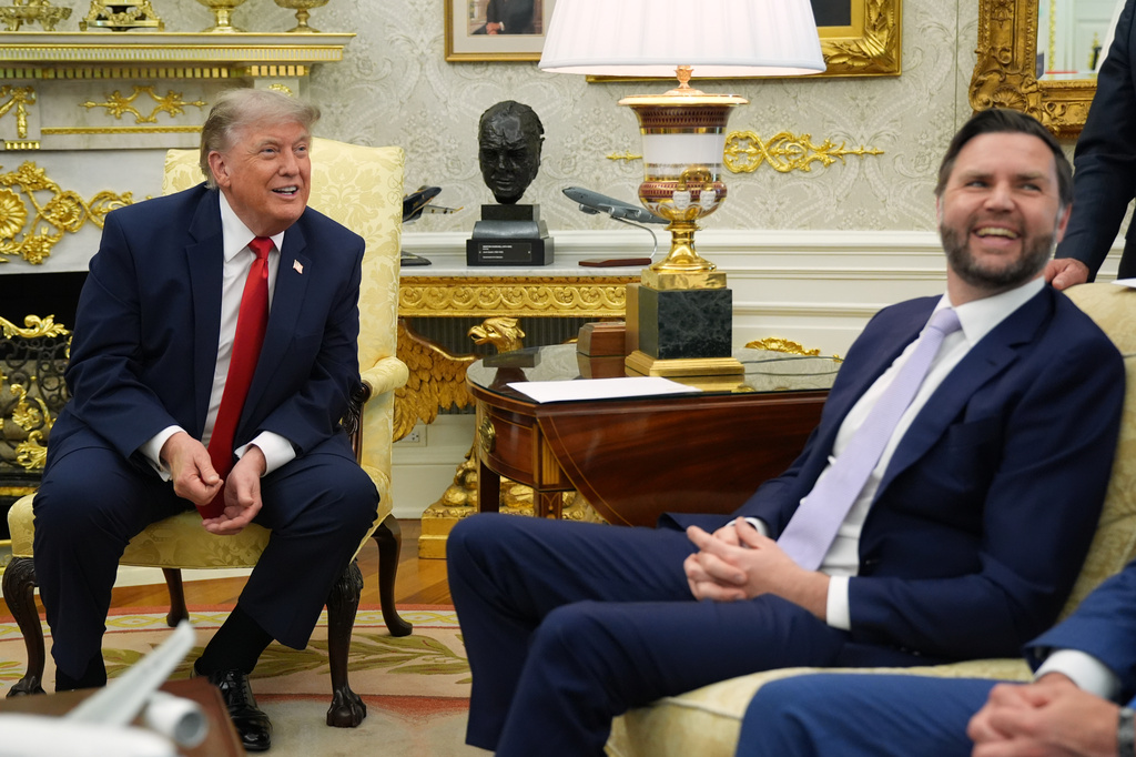 President Donald Trump and Vice President JD Vance smile during a meeting with NATO Secretary General Mark Rutte in the Oval Office at the White House, Wednesday, June 24, 2026, in Washington. (AP Photo/Jacquelyn Martin)