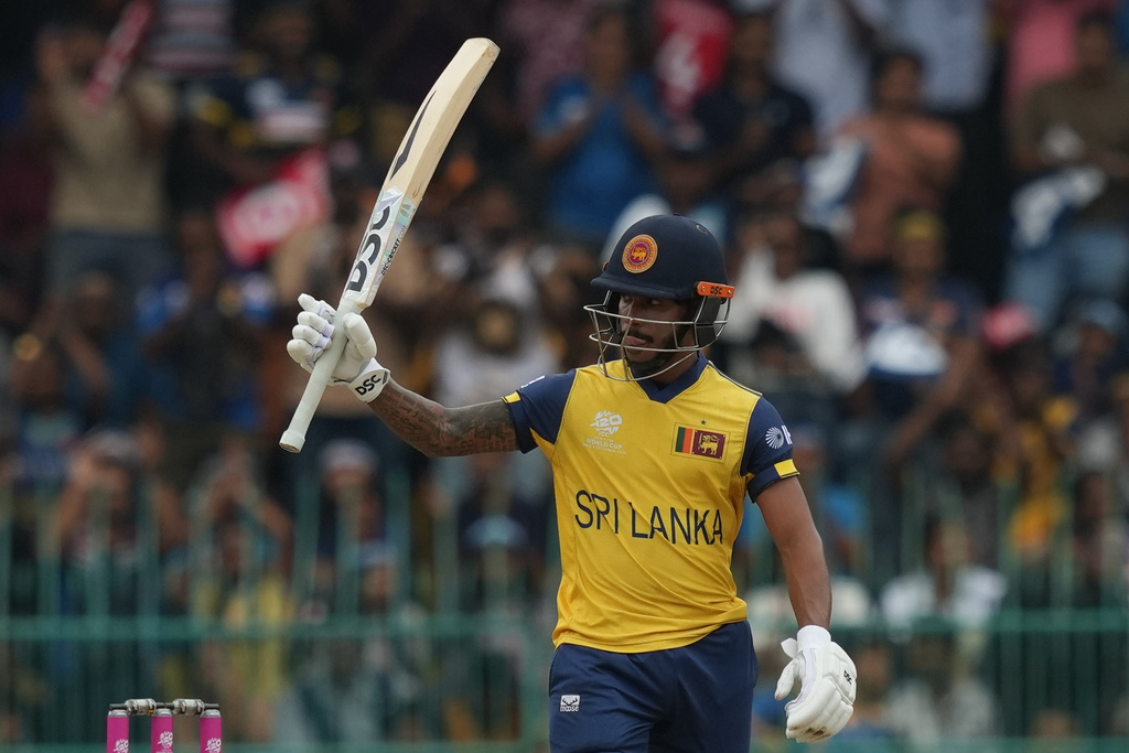 Sri Lanka's Pathum Nissanka celebrates his fifty runs during the T20 World Cup cricket match between Sri Lanka and Zimbabwe in Colombo, Sri Lanka, Thursday, Feb. 19, 2026. (AP Photo/Eranga Jayawardena)