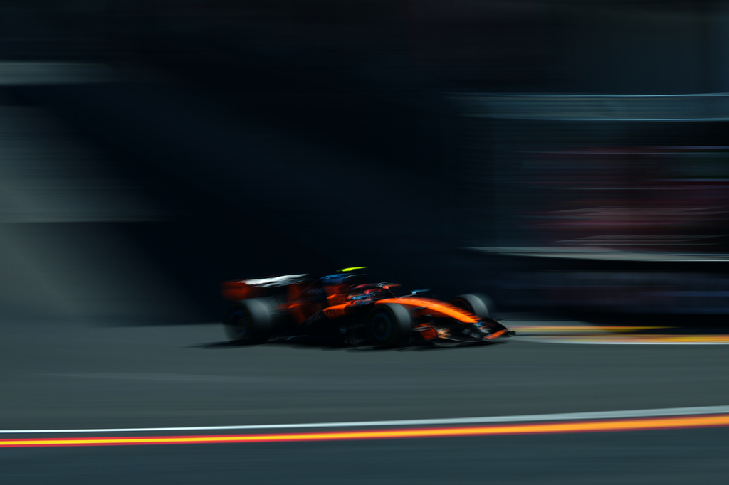 McLaren driver Lando Norris of Britain steers his car during the first free practice ahead of the Spanish Formula One Grand Prix, in Madrid, Friday, Sept. 11, 2026. (AP Photo/Manu Fernandez)