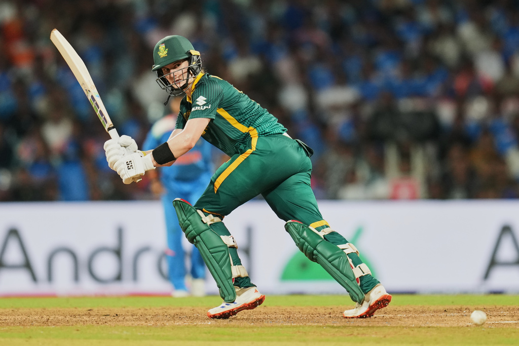 South Africa's captain Laura Wolvaardt plays a shot during the ICC Women's Cricket World Cup final match between India and South Africa in Navi Mumbai, India, Sunday, Nov. 2, 2025. (AP Photo/Rafiq Maqbool)