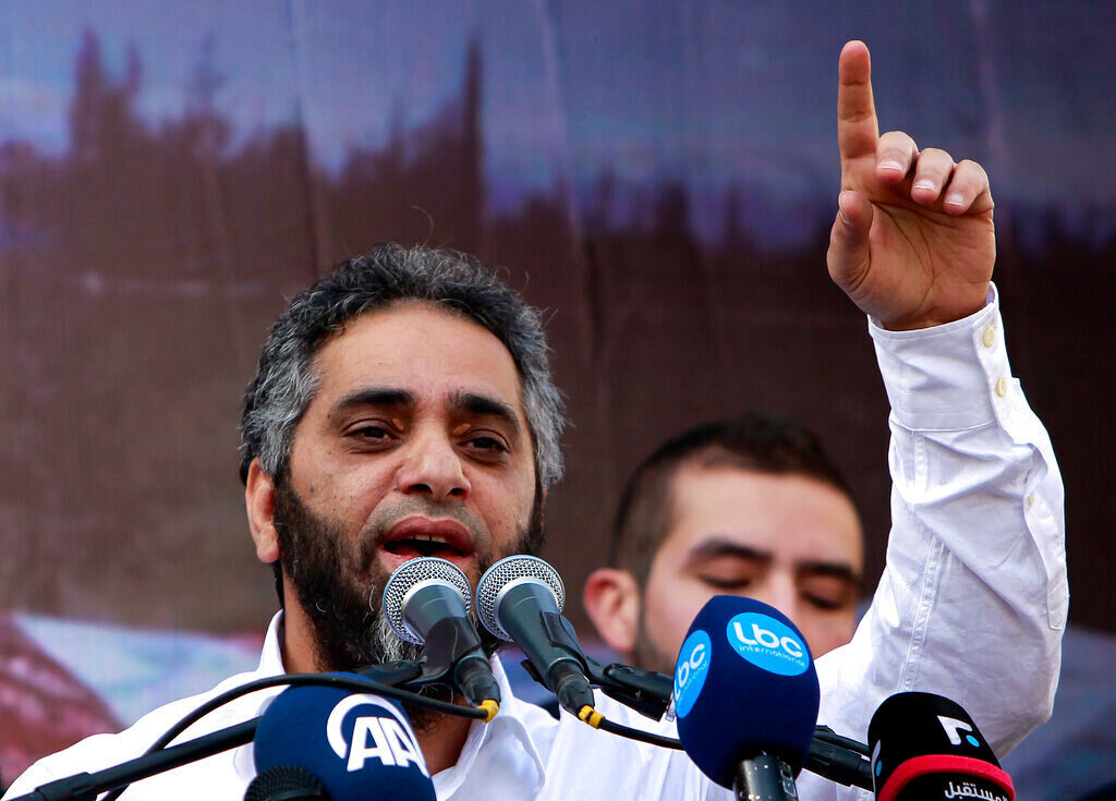FILE — Lebanese pop idol Fadel Shaker delivers a sermon in support of Syrian rebel fighters and Syrian refugees after Friday prayers, in Beirut, Lebanon, Feb. 8, 2013. (AP Photo/Bilal Hussein, File)
