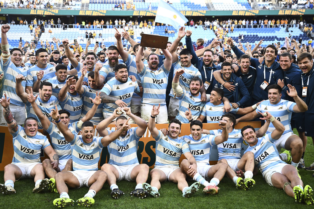 Argentina celebrate their win in the Rugby Championship test match Australia in Sydney, Saturday, Sept. 13, 2025. (Dan Himbrechts/AAP via AP)