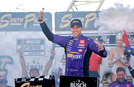 Denny Hamlin celebrates in victory lane after winning a NASCAR Cup Series auto race Sunday, Oct. 12, 2025, in Las Vegas. (AP Photo/Steve Marcus) Denny Hamlin celebrates in victory lane after winning a NASCAR Cup Series auto race Sunday, Oct. 12, 2025, in Las Vegas. (AP Photo/Steve Marcus)