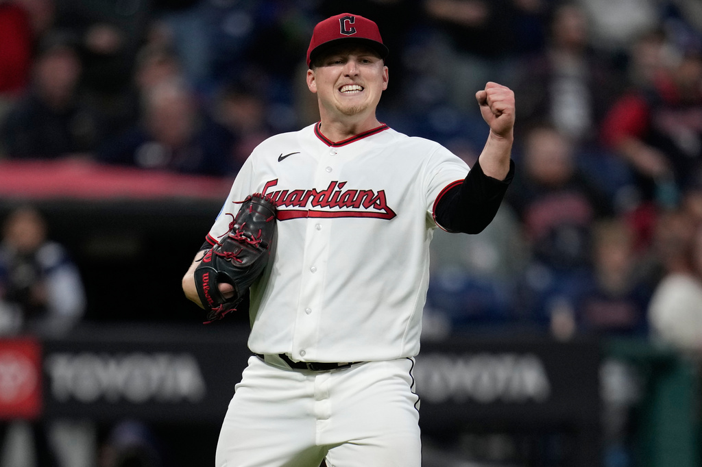 Cleveland Guardians pitcher Parker Messick reacts after the third out in the top of the eighth inning of a baseball game against the Baltimore Orioles in Cleveland, Thursday, April 16, 2026. (AP Photo/Sue Ogrocki)