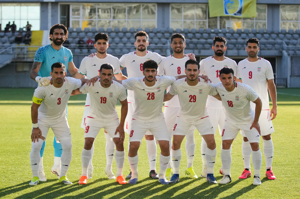 Iran's players pose for photographers prior to a friendly soccer match between Iran and Gambia, in Antalya, southern Turkey, Friday, May 29, 2026. (AP Photo/Khalil Hamra)