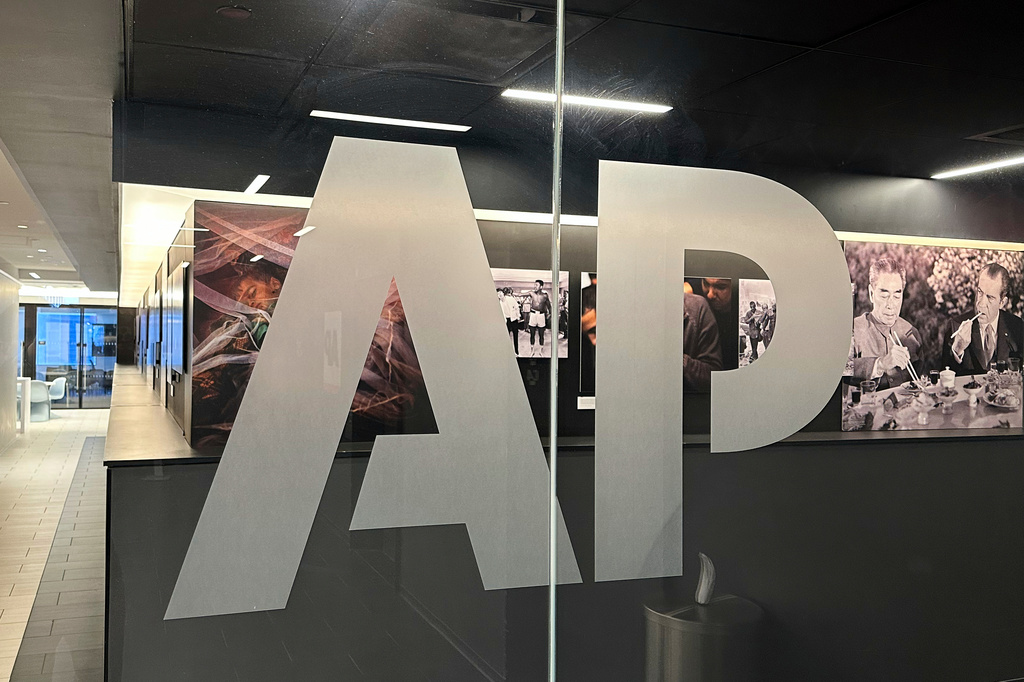 FILE - The Associated Press logo is displayed at the news organization's world headquarters in New York on April 9, 2025. (AP Photo/Aaron Jackson, File)