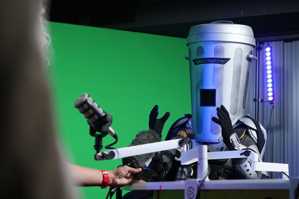 Count Binface is interviewed at a studio in London ahead of the Clacton by-election, Wednesday, July 29, 2026. (AP Photo/Kirsty Wigglesworth)