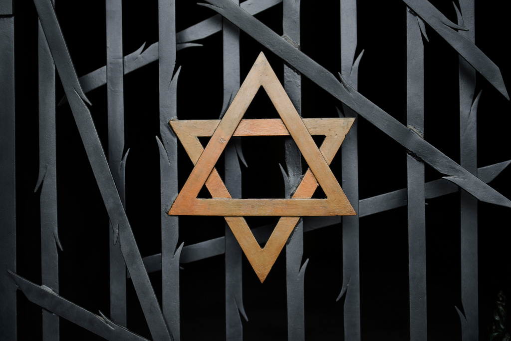 FILE - The star of David at the Jewish memorial at the Dachau concentration camp memorial site where more than 43,000 people were murdered and over 200,000 were imprisoned during the Nazi terror reign from 1933-1945 in Dachau, Germany, April 24, 2025, a few days before the 80th anniversary of the liberation of the camp. (AP Photo/Matthias Schrader, File)