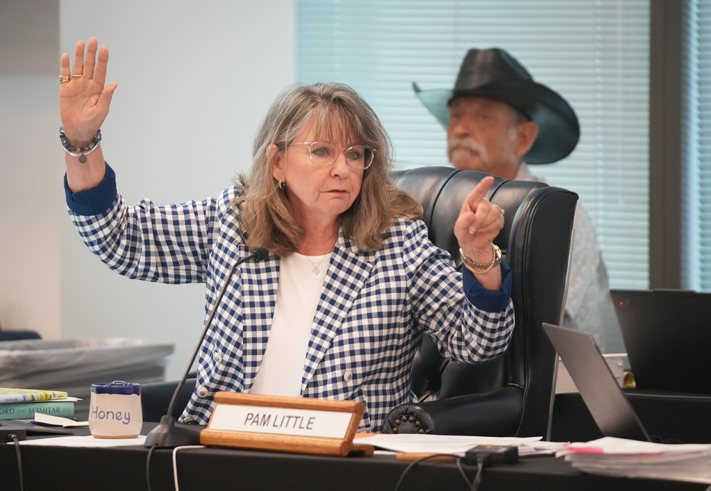 State Board of Education Vice Chair Pam Little votes on a proposed required reading list during a meeting on social studies standards at the Barbara Jordan Building in Austin on Tuesday, June 23, 2026. (Jay Janner /Austin American-Statesman via AP)