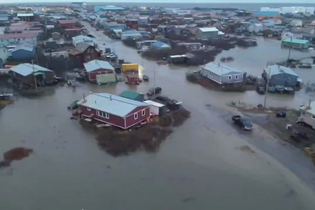 In this aerial photo provided by the Alaska Department of Transportation and Public Facilities, the city of Kotzebue, Alaska, experiences flooding, Wednesday, Oct. 8, 2025. (Alaska Department of Transportation and Public Facilities via AP)