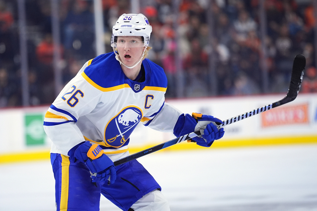 FILE- Buffalo Sabres' Rasmus Dahlin follows the action during an NHL hockey game, Saturday, Nov. 16, 2024, in Philadelphia. (AP Photo/Matt Slocum, File)