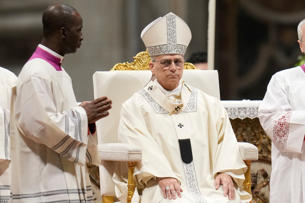 Pope Leo XIV presides Mass in St. Peter's Basilica at the Vatican on the Cathoilic feast of the Presentation of the Lord, Monday, Feb. 2, 2026. (AP Photo/Gregorio Borgia)