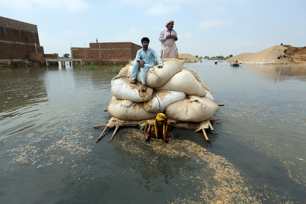 FILE - Victims of the unprecedented flooding from monsoon rains use a makeshift barge to carry hay for cattle in Jaffarabad, a district of Pakistan's southwestern Baluchistan province, Sept. 5, 2022. (AP Photo/Fareed Khan, File)