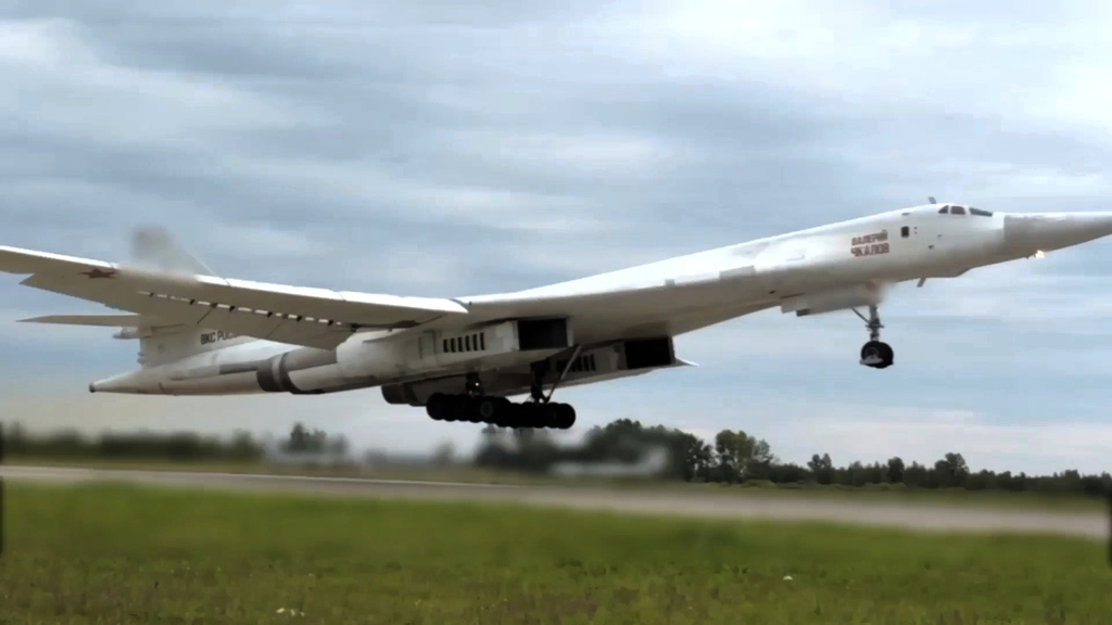 In this photo taken from video distributed by Russian Defense Ministry Press Service on Friday, Sept. 12, 2025, A nuclear capable Tu-160 strategic bomber of the Russian air force takes off for a training mission as part of joint drills held by Russia and Belarus. (Russian Defense Ministry Press Service via AP)