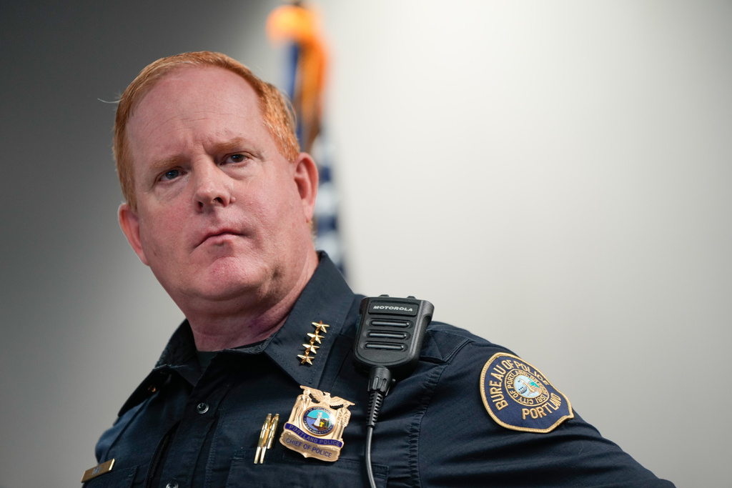 Portland Police Chief Bob Day listens to a question from a member of the media during a news conference on Friday, Oct. 3, 2025, in Portland, Ore. (AP Photo/Jenny Kane)