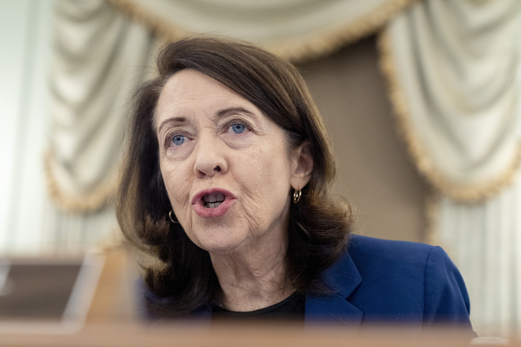 FILE - Senate Commerce, Science, and Transportation Committee Ranking Member Sen. Maria Cantwell, D-Wash., speaks Jan. 28, 2025, in Washington. (AP Photo/Jacquelyn Martin, File)