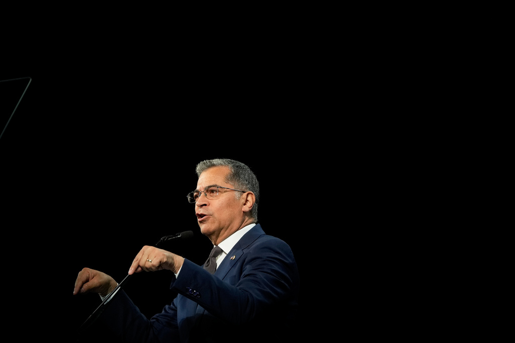 FILE - California gubernatorial candidate Xavier Becerra speaks at the 2026 California Democratic Party State Convention in San Francisco, Saturday, Feb. 21, 2026. (AP Photo/Jeff Chiu, File)