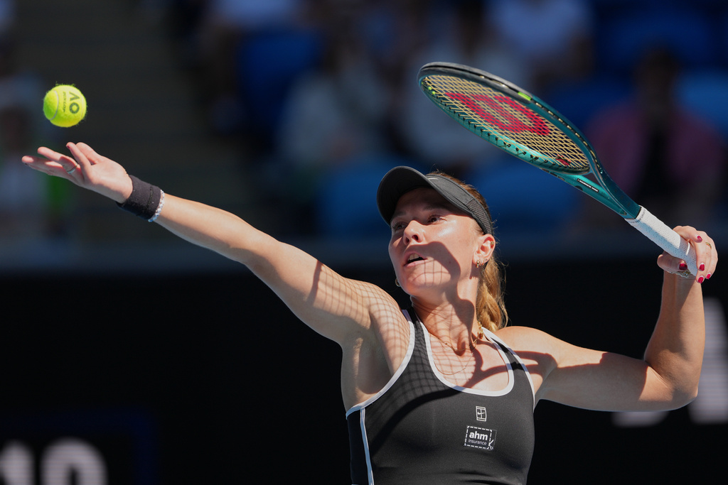 Oksana Selekhmeteva of Russia serves to Jessica Pegula of the U.S. during their third round match at the Australian Open tennis championship in Melbourne, Australia, Saturday, Jan. 24, 2026. (AP Photo/Aaron Favila)