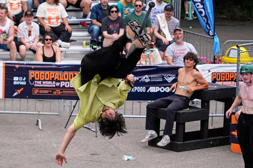 Seven-time world champion of extreme pogo Dalton Smith competes in the Best Trick competition during Pogopalooza 2026 in Wilkinsburg, Pa., Sunday, June 14, 2026. (AP Photo/Gene J. Puskar)