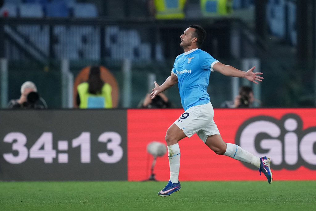 Lazio's Pedro celebrates scoring during the Serie A soccer match between Lazio and Udinese in Rome, Italy, Monday April 27, 2026. (Alfredo Falcone/LaPresse via AP)