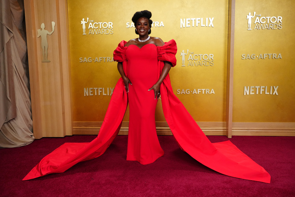 Wunmi Mosaku arrives at the 32nd Annual Actor Awards on Sunday, March 1, 2026, at the Shrine Auditorium and Expo Hall in Los Angeles. (Photo by Jordan Strauss/Invision/AP)