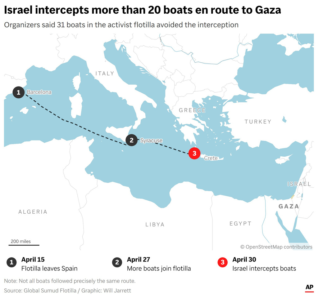 A map showing the journey of the activist flotilla en route to Gaza. (AP Digital Embed)