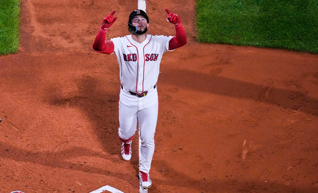 Boston Red Sox's Wilyer Abreu celebrates after his solo home run during the sixth inning of a baseball game against the Los Angeles Angels, Wednesday, Sept. 9, 2026, in Boston. (AP Photo/Charles Krupa)