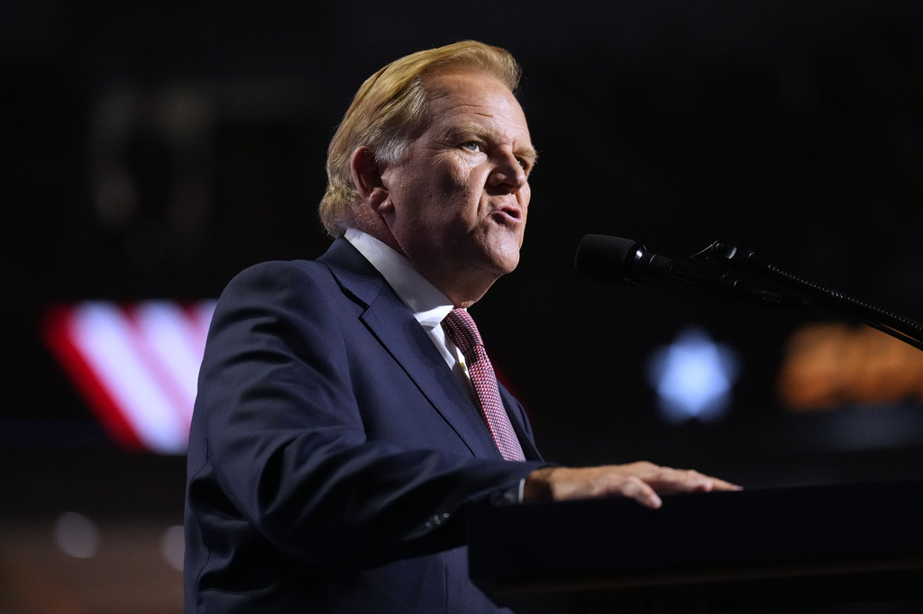 Republican Senate candidate Mike Rogers speaks at the Republican convention Thursday, Sept. 10, 2026, in Dallas. (AP Photo/Jacquelyn Martin)