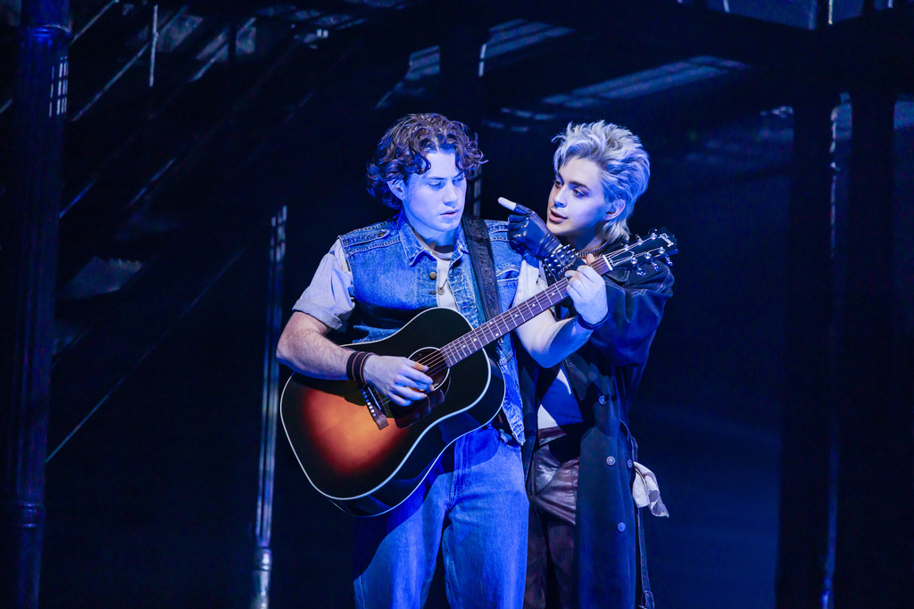 L.J. Benet, left, and Ali Louis Bourzgui appear during a performance of "The Lost Boys" in New York on March 26, 2026. (Matthew Murphy via AP)