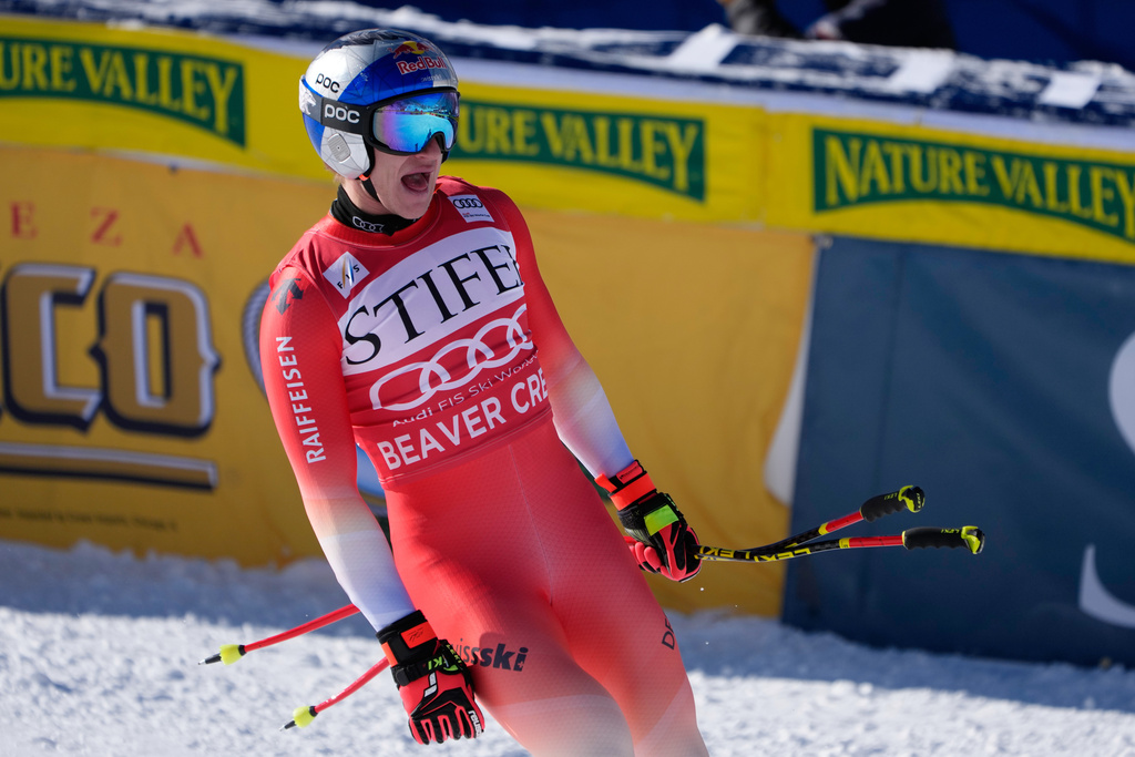 Switzerland's Marco Odermatt reacts after his run during a World Cup men's downhill skiing race, Thursday, Dec. 4, 2025, in Beaver Creek, Colo. (AP Photo/John Locher)