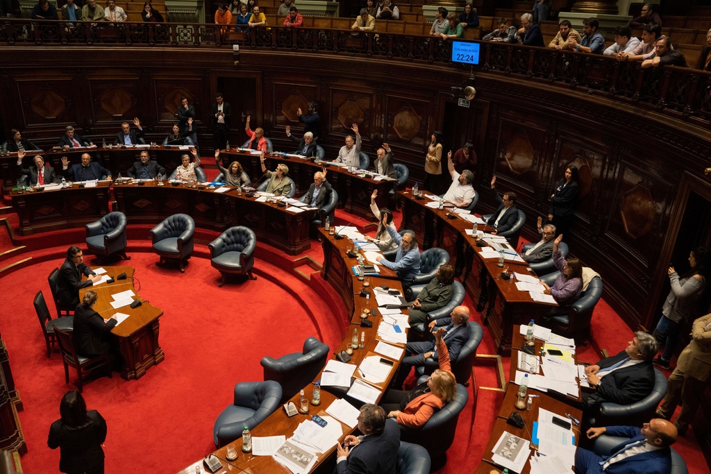 Senators vote in favor of a bill to legalize euthanasia, in Montevideo, Uruguay, Wednesday, Oct. 15, 2025. (AP Photo/Matilde Campodonico)