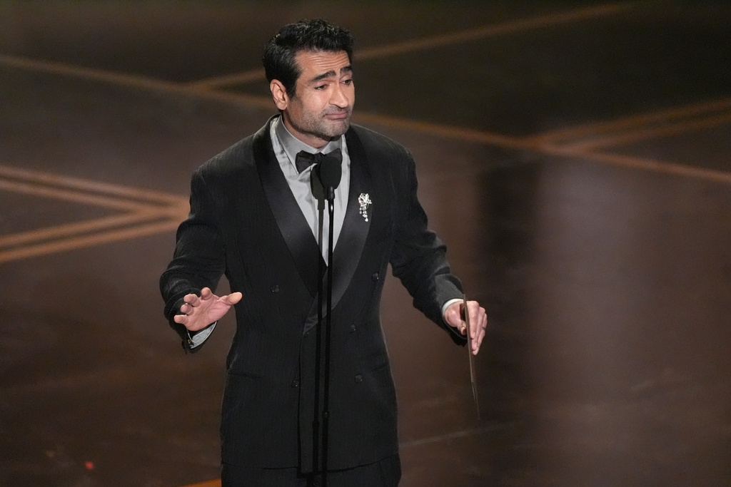 Kumail Nanjiani presents the award for best live action short film during the Oscars on Sunday, March 15, 2026, at the Dolby Theatre in Los Angeles. (AP Photo/Chris Pizzello)