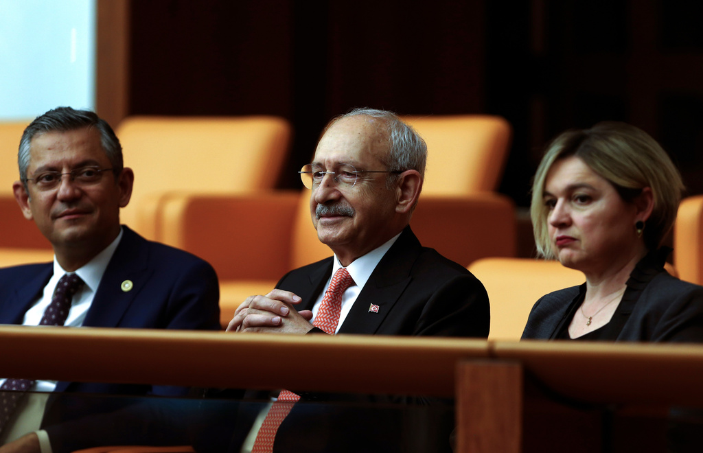 FILE - Turkish CHP party leader and Nation Alliance's presidential candidate Kemal Kilicdaroglu, center, joins legislators elected to the Grand National Assembly of Turkey as they attend their first parliamentary session, in Ankara, Turkey, June 2, 2023. (AP Photo/Ali Unal, File)