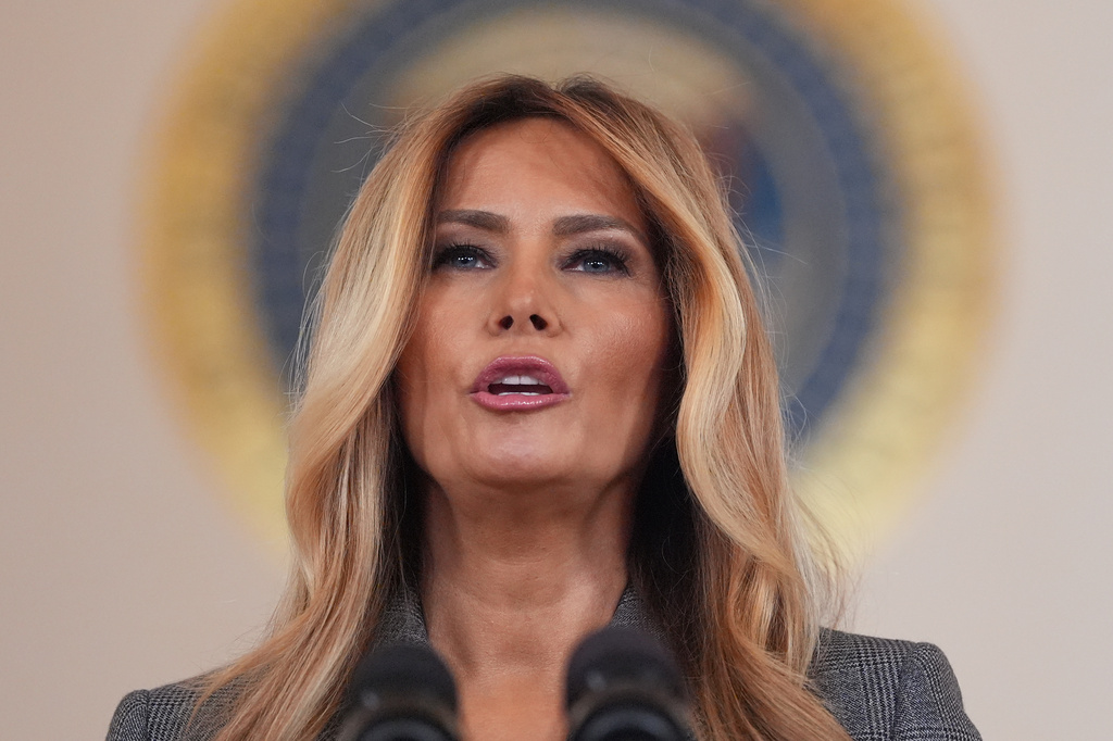 FILE - First lady Melania Trump speaks to reporters April 9, 2026, in the Grand Foyer of the White House in Washington. (AP Photo/Jacquelyn Martin, File)