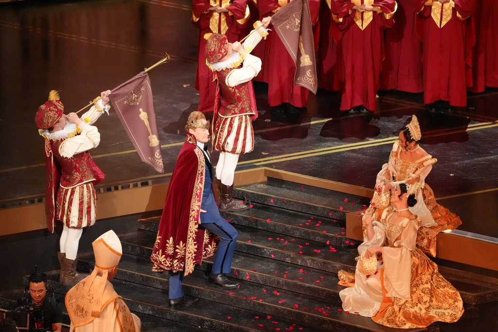 Host Conan O'Brien performs during the Oscars on Sunday, March 15, 2026, at the Dolby Theatre in Los Angeles. (AP Photo/Chris Pizzello)