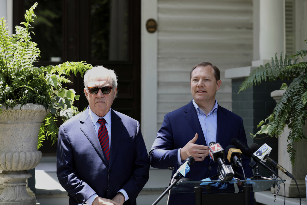 FILE - South Carolina attorney and former senator Dick Harpootlian, left, and Sen. Wes Climer, R-Rock Hill, right, speak at a news conference over a lawsuit against a legislative pay raise, on Monday, June 9, 2025, in Columbia, S.C. (AP Photo/Jeffrey Collins, File)