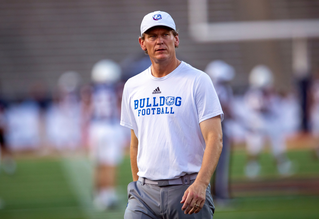 FILE - Louisiana Tech coach Sonny Cumbie watches warm ups before an NCAA college football game against UTEP, Friday, Sept. 29, 2023, in El Paso, Texas. (AP Photo/Andres Leighton, File)