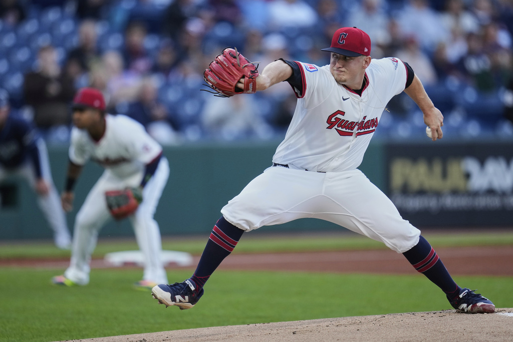 Cleveland Guardians' Parker Messick pitches in the first inning of a baseball game against the Tampa Bay Rays in Cleveland, Tuesday, Aug. 26, 2025. (AP Photo/Sue Ogrocki)