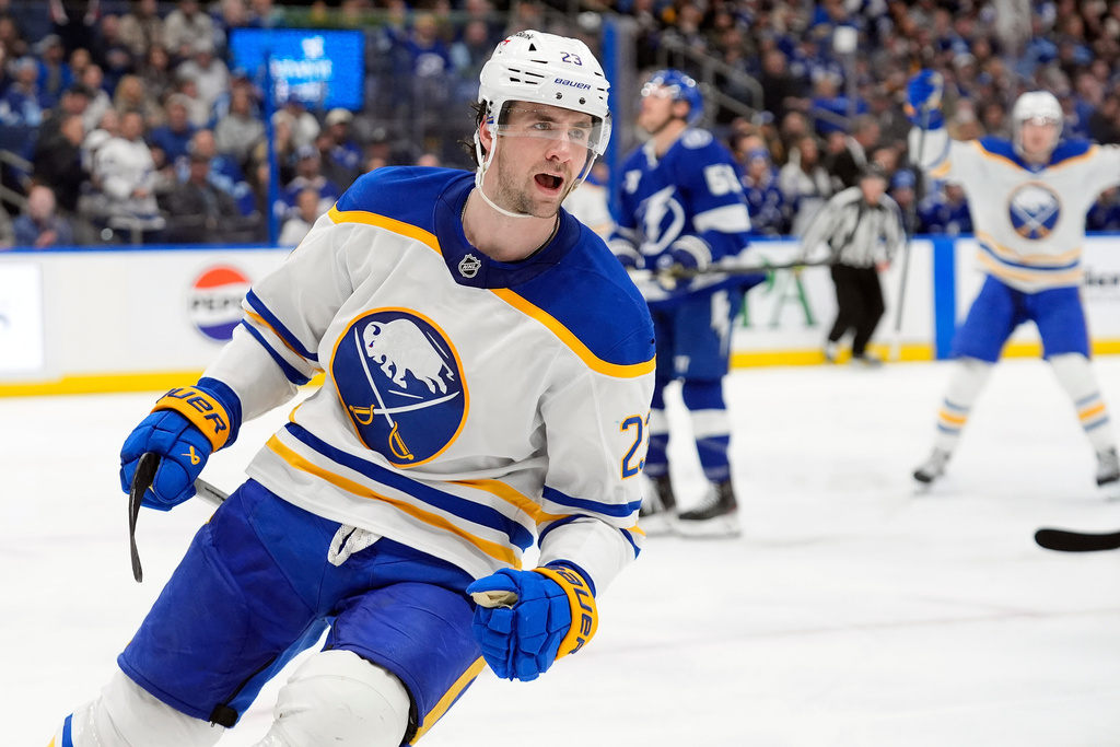 Buffalo Sabres defenseman Mattias Samuelsson (23) celebrates after scoring against the Tampa Bay Lightning during the third period of an NHL hockey game Tuesday, Feb. 3, 2026, in Tampa, Fla. (AP Photo/Chris O'Meara)
