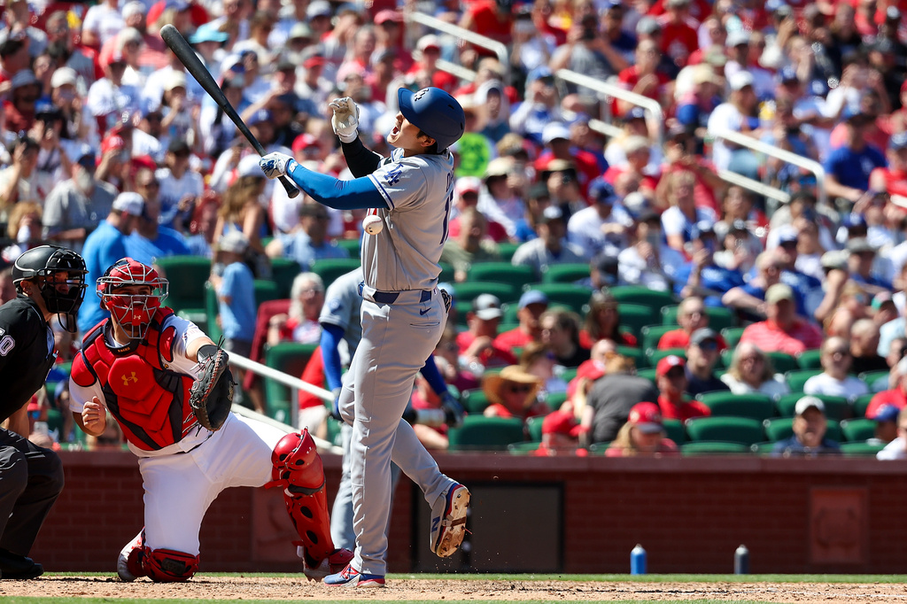 Los Angeles Dodgers' Shohei Ohtani is hit by during the seventh inning of a baseball game against the St. Louis Cardinals, Sunday, May 3, 2026, in St. Louis. (AP Photo/Scott Kane)